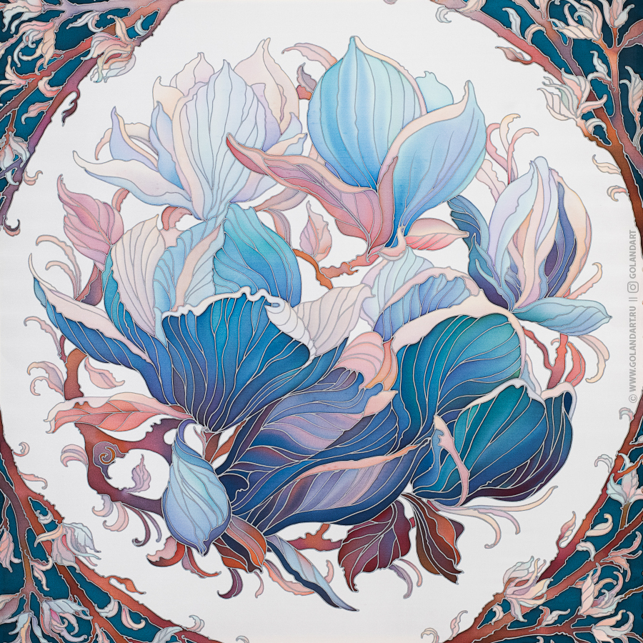 Платок «Магнолии» 90х90 см. Заказ росписи.