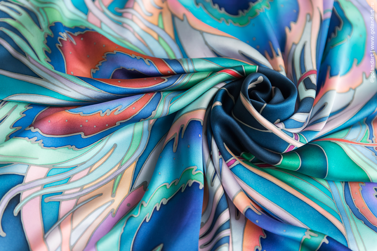 Платок «Павлиньи перья» 90х90 см. Заказ росписи.