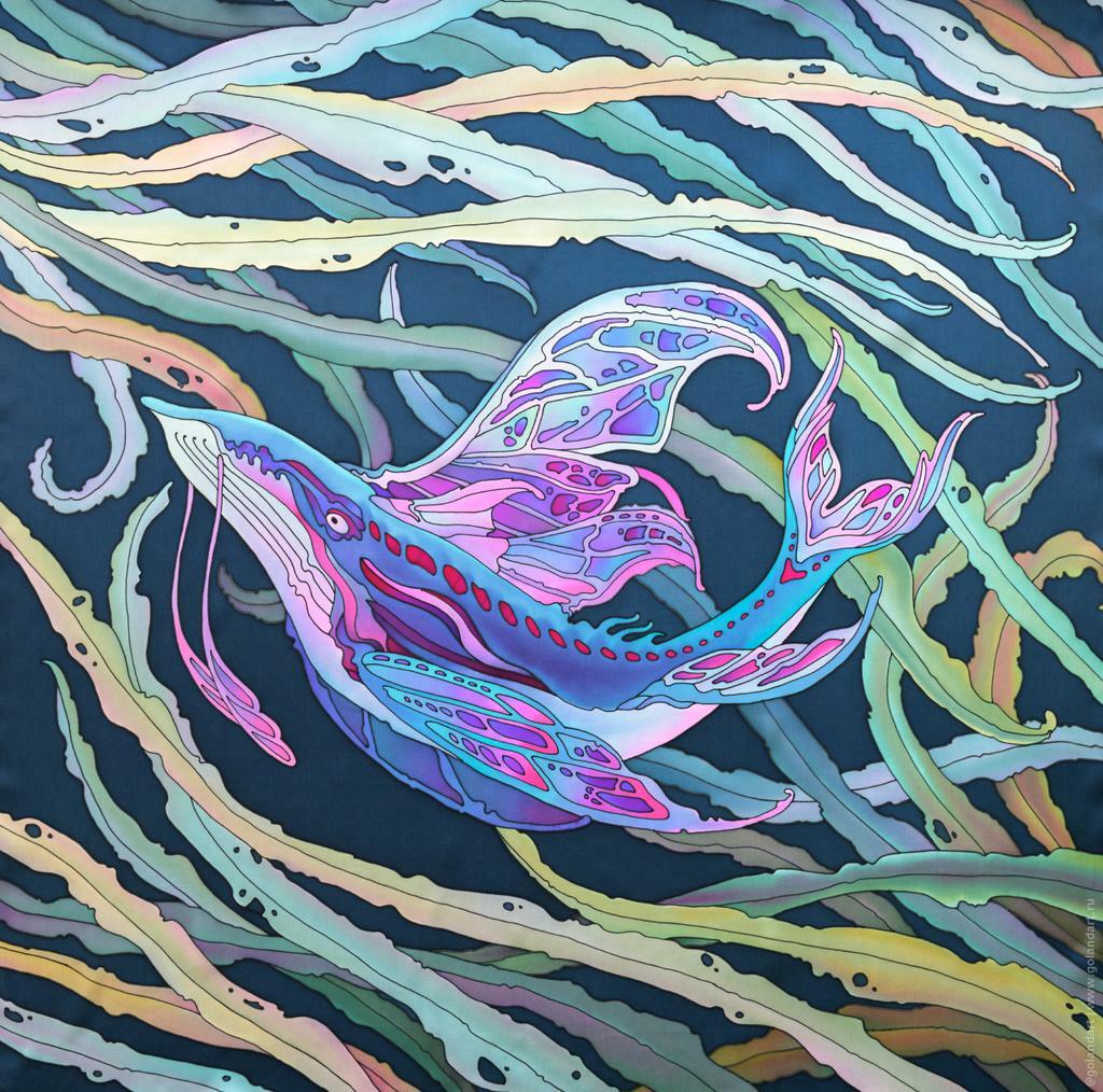 Платок «Кит-бабочка» 90х90 см. Заказ росписи.