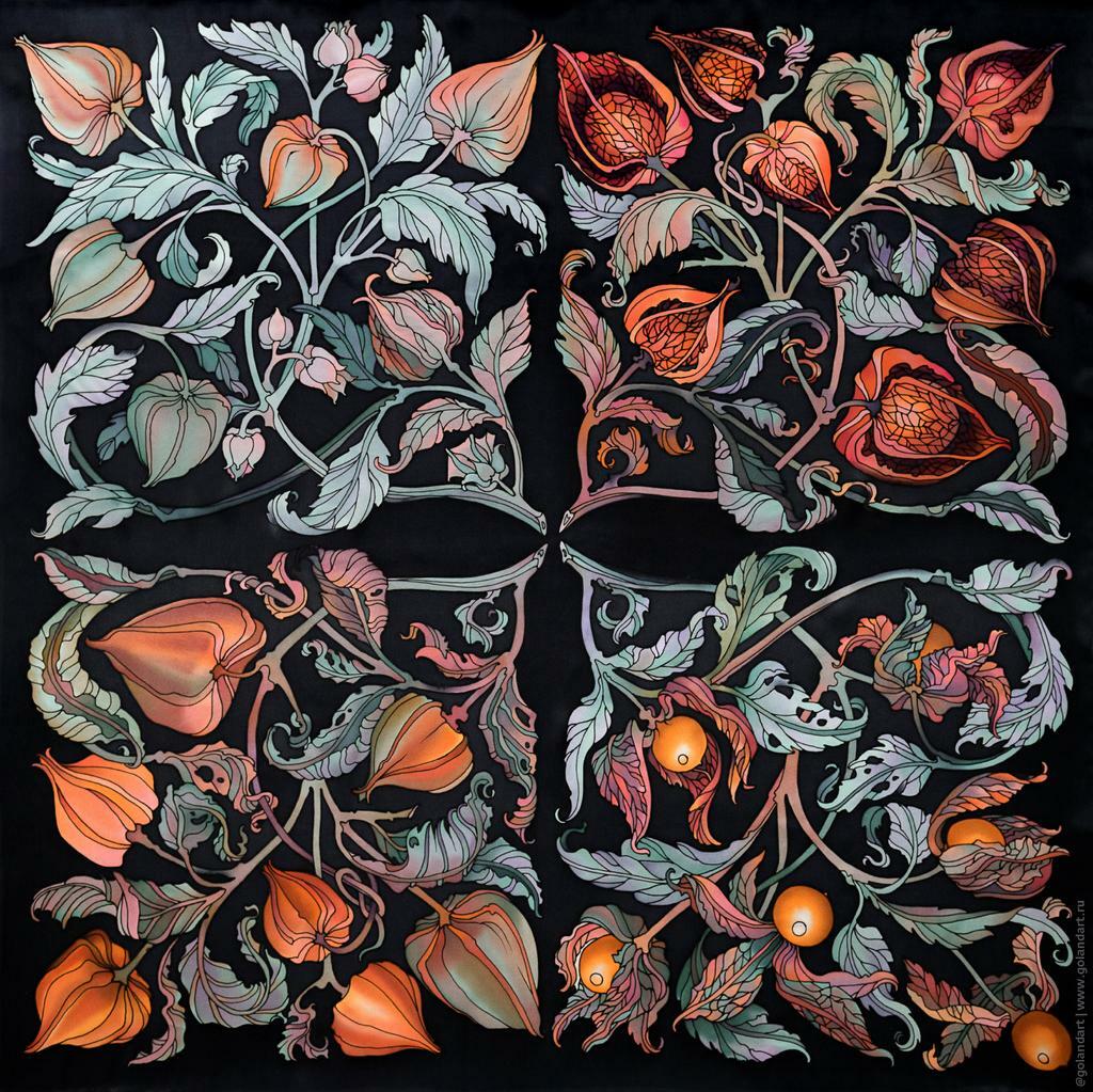 Платок «Физалис на темно-сером». Ручная роспись на натуральном шёлке (атлас, 90х90 см).