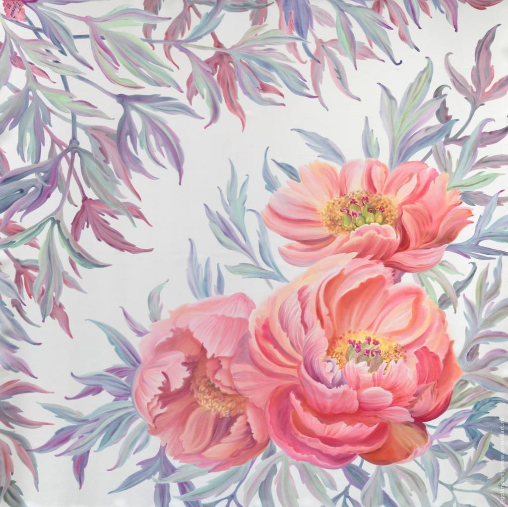 Платок «Пионы Coral Sunset». Живопись на натуральном шёлке (атлас 14 мм, 90х90 см).