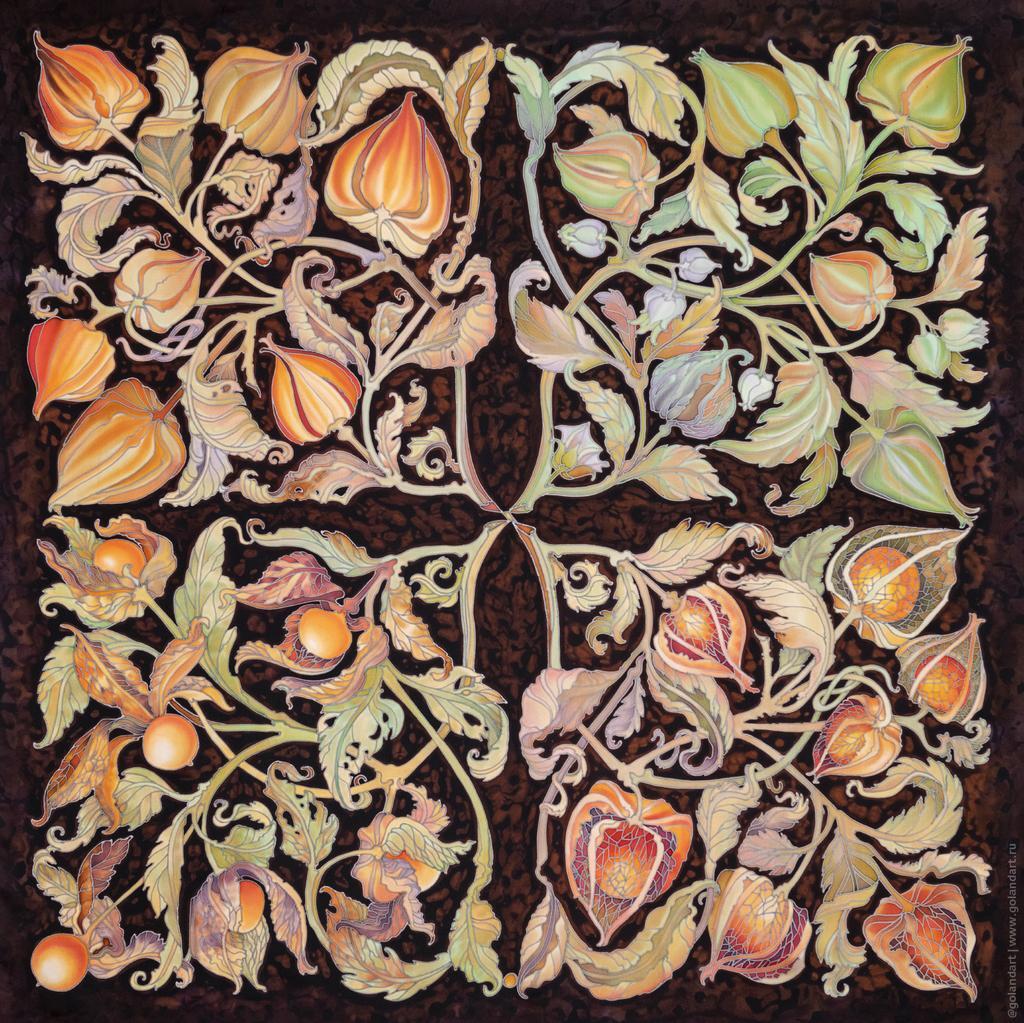 Платок «Физалис на коричневом мраморе». Ручная роспись на натуральном шёлке (саржа 115х115 см).