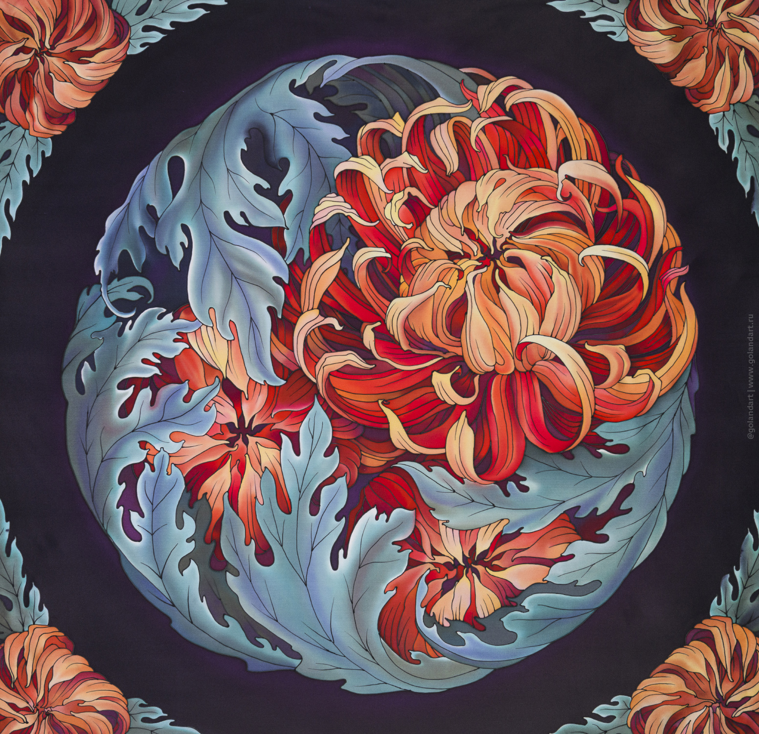 Платок «Хризантема Tom Pearche». Ручная роспись на натуральном шёлке (атлас, 90х90 см).