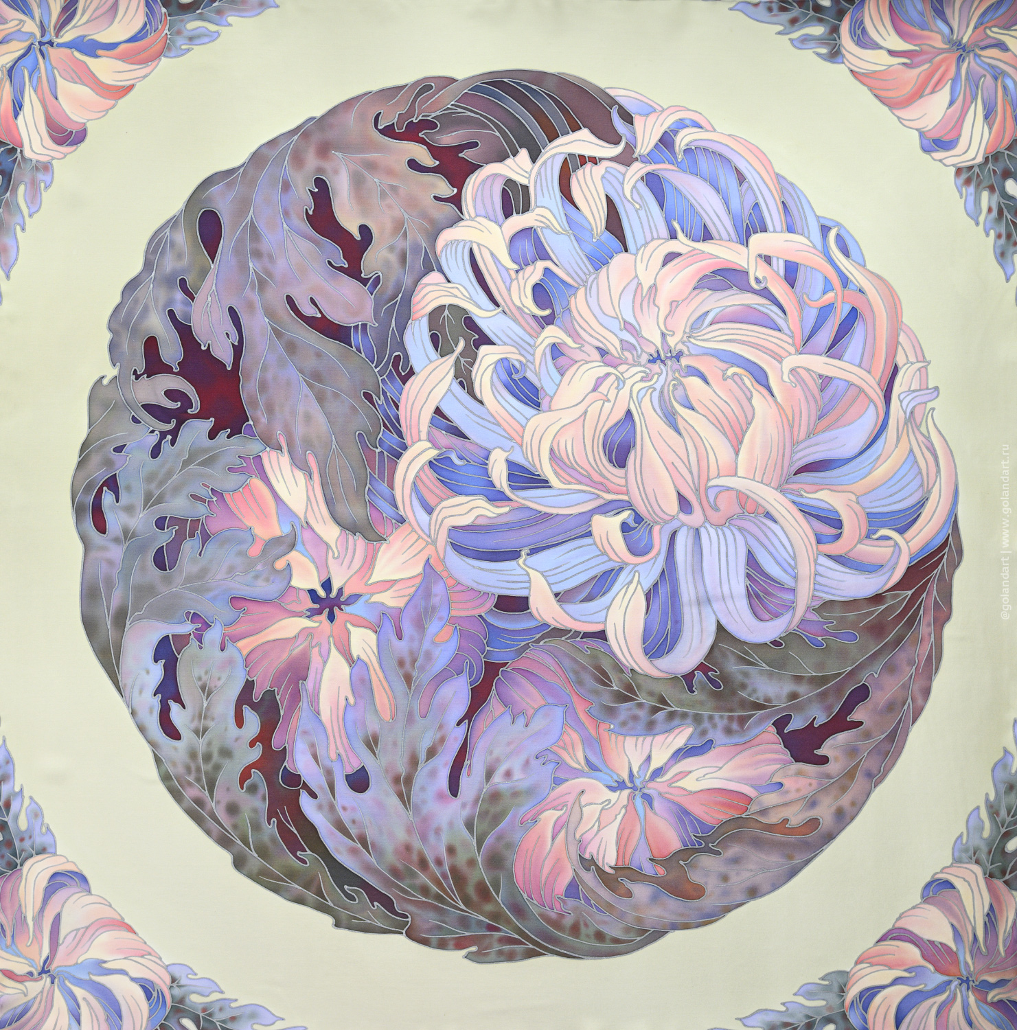 Платок «Хризантема». Ручная роспись на натуральном шёлке (атлас, 90х90 см).