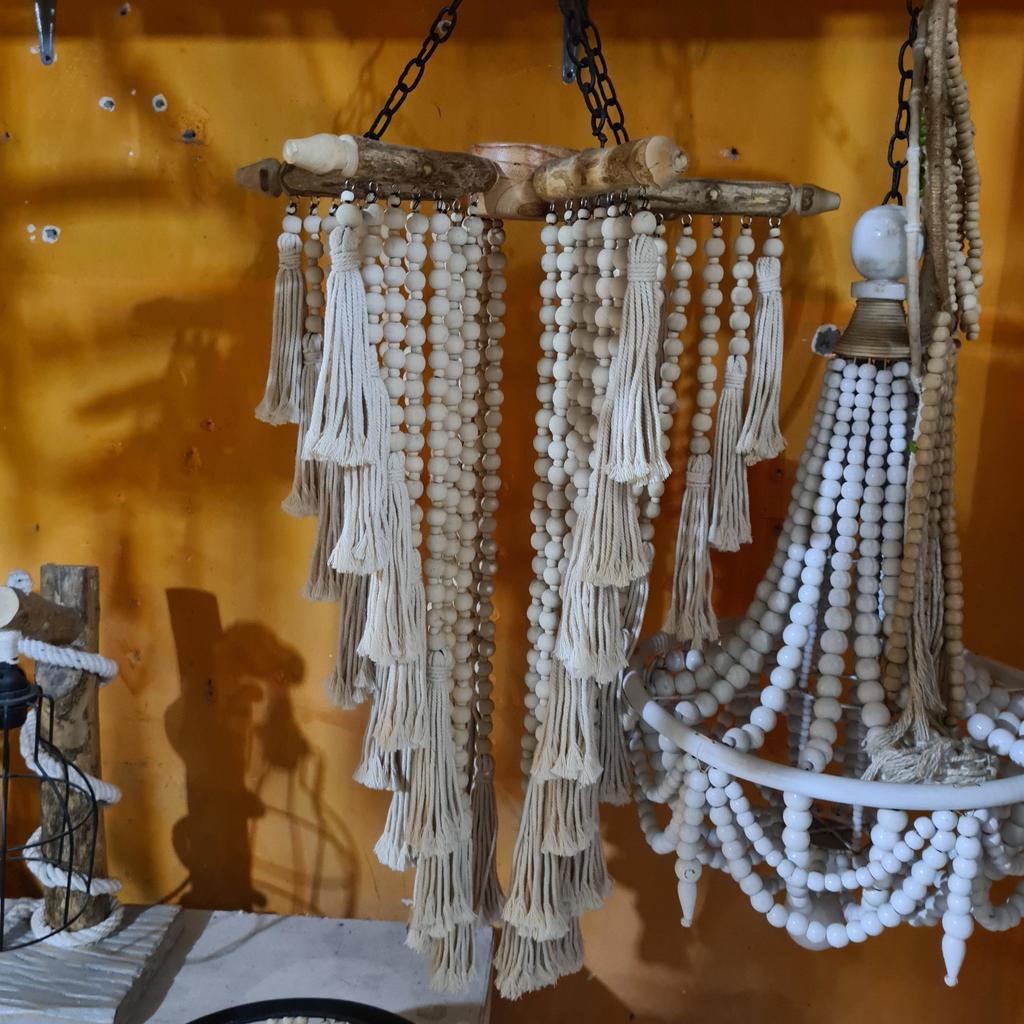 Люстра из деревянных шариков 41 Бежевая + макраме 80х100