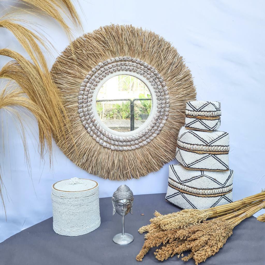 Зеркало пальмовый лист 63см + ракушки фиолетовые