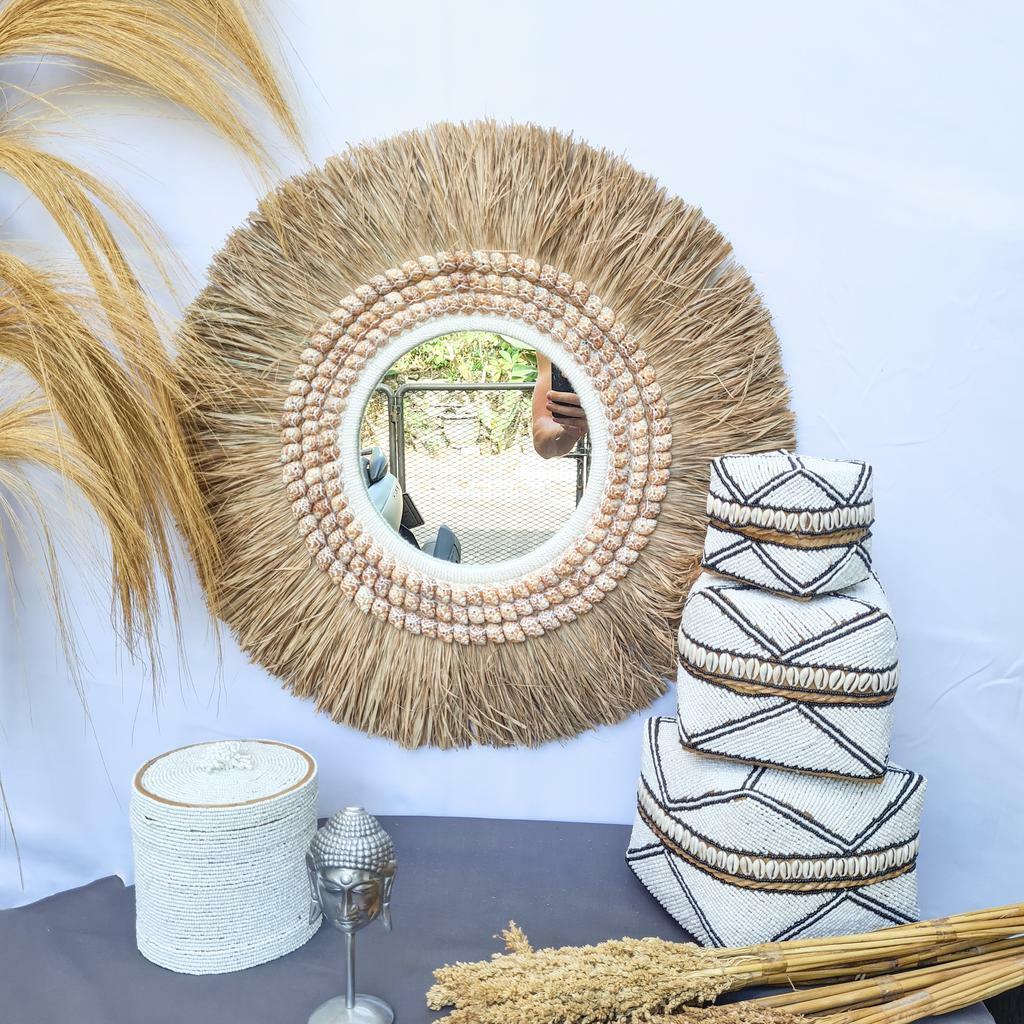 Зеркало пальмовый лист 63см + ракушки рыжие