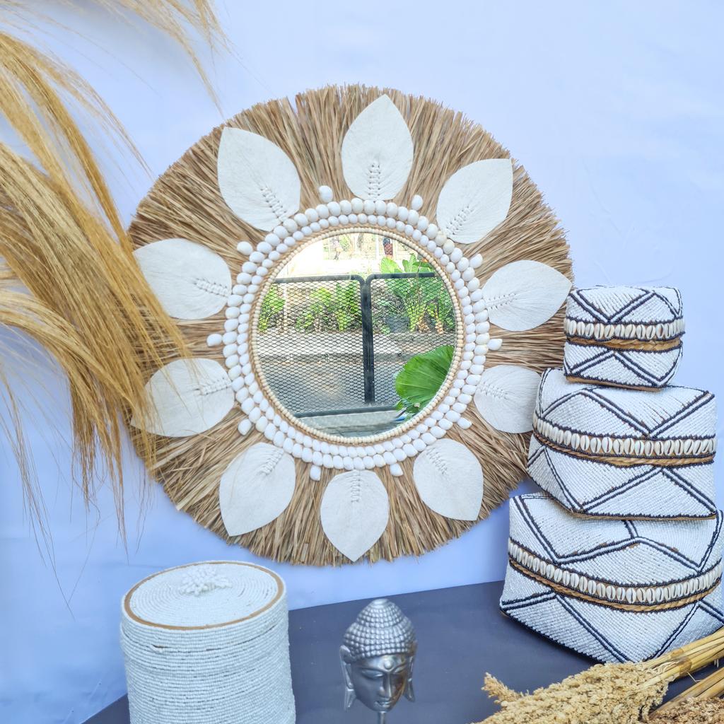 Зеркало пальмовый лист 70см + листья макраме