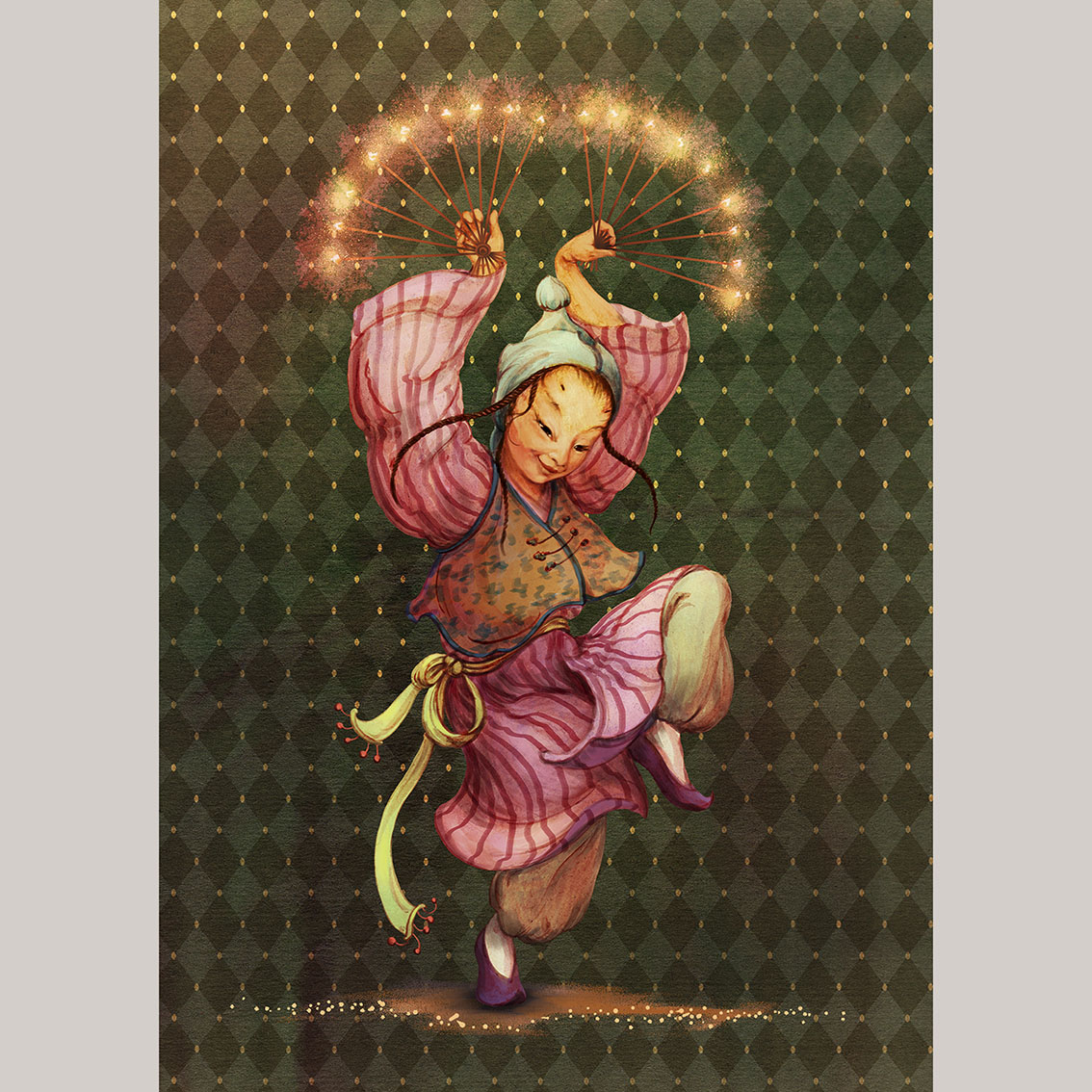 Открытка Китайчонок с веерами