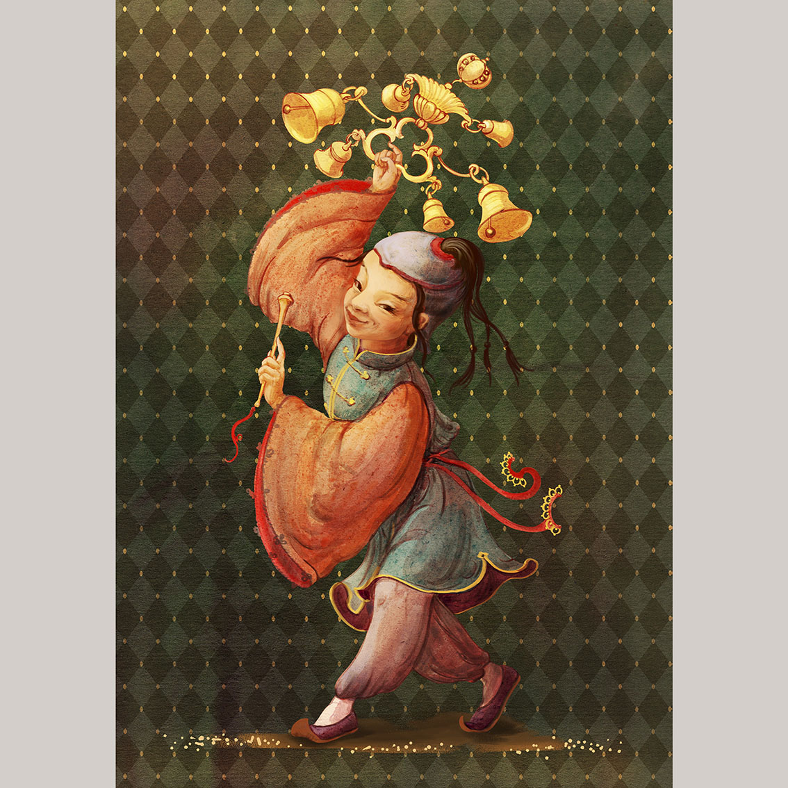 Открытка Китайчонок с колокольчиками