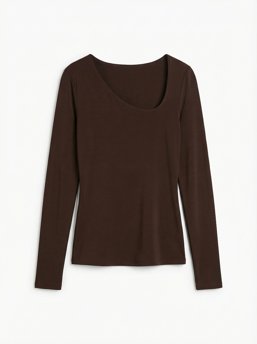Лонгслив с фигурной горловиной «TEAR» коричневый