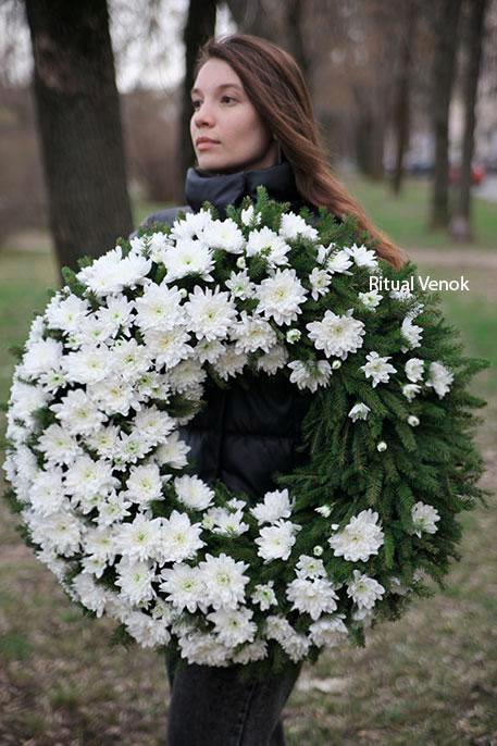 Венок из живых цветов " С еловыми веточками и белой хризантемой"