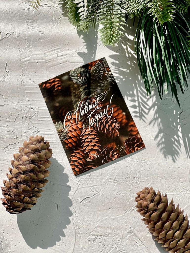 Мини-карточка ёлка с шишками "С Новым Годом!"