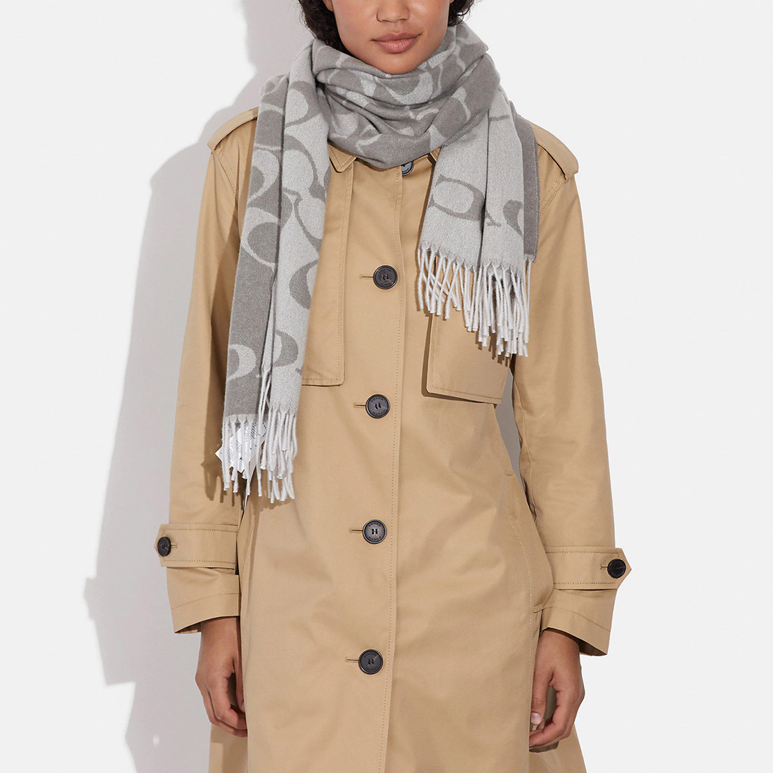 двухсторонний унисекс шарф COACH SIGNATURE OVERSIZED MUFFLER Grey Birch / Серо-бежевый