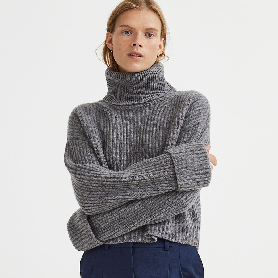 СВИТЕР ИЗ СМЕСОВОГО КАШЕМИРА H&M PREMIUM SELECTION POLO-NECK WOOL-BLEND JUMPER ЦВЕТ Grey marl / СЕРЫЙ M00189