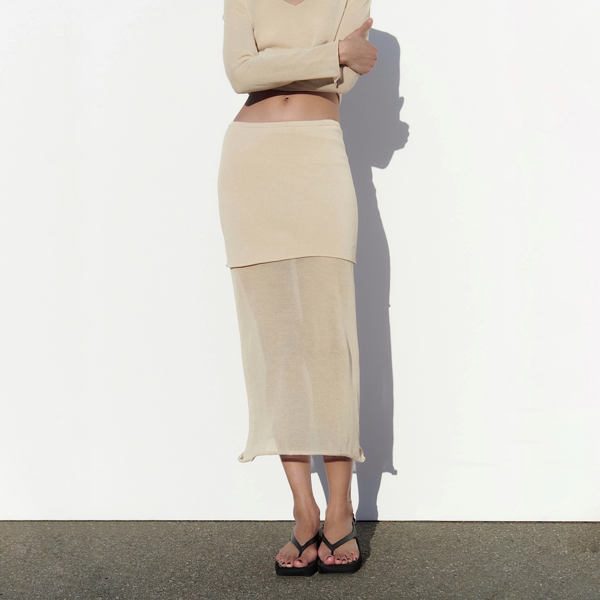 КОМБИНИРОВАННАЯ ПОЛУПРОЗРАЧНАЯ ЮБКА МИДИ ZARA ЦВЕТ ЭКРЮ M00559