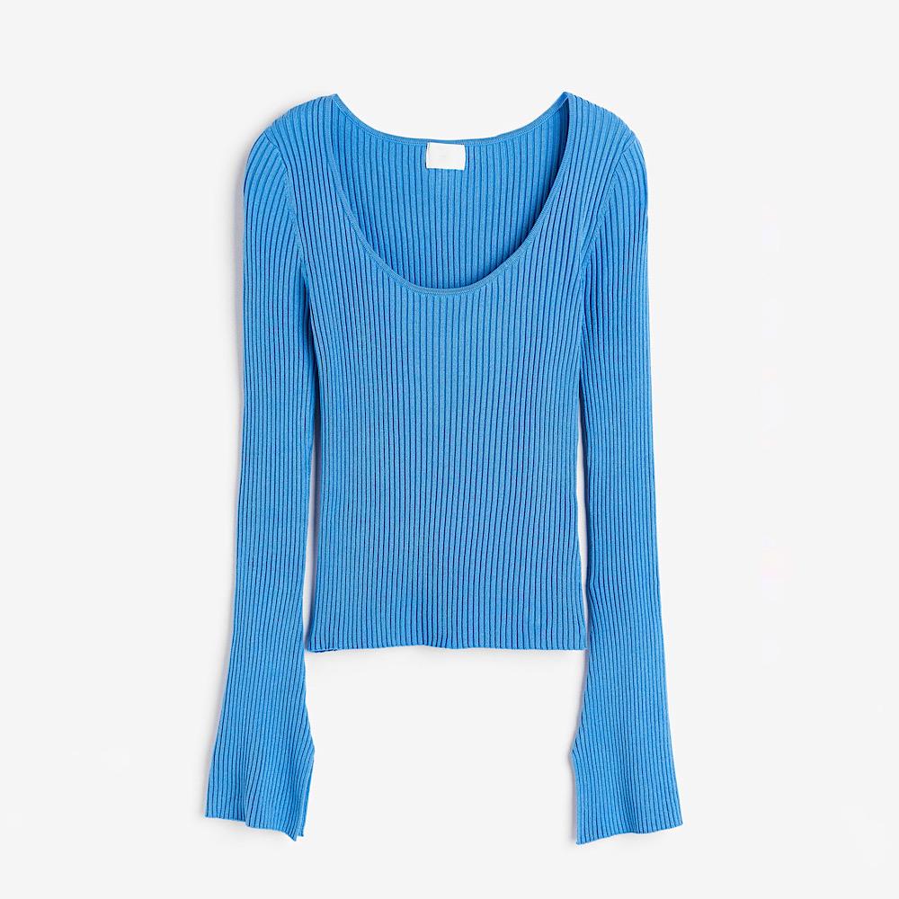 ТОП С ДЛИННЫМ РУКАВОМ H&M RIB-KNIT TOP ЦВЕТ BLUE / ГОЛУБОЙ M00172