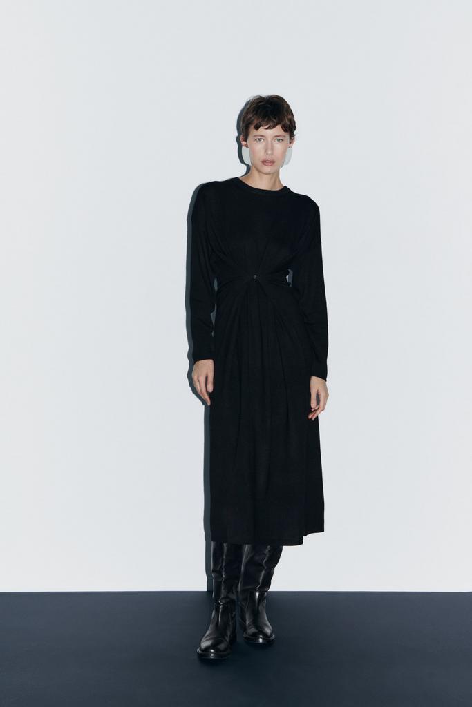 ПЛАТЬЕ МИДИ ИЗ СМЕСОВОЙ ШЕРСТИ ZARA MULTIWAY KNIT DRESS WITH BUTTON цвет black / черный M00276