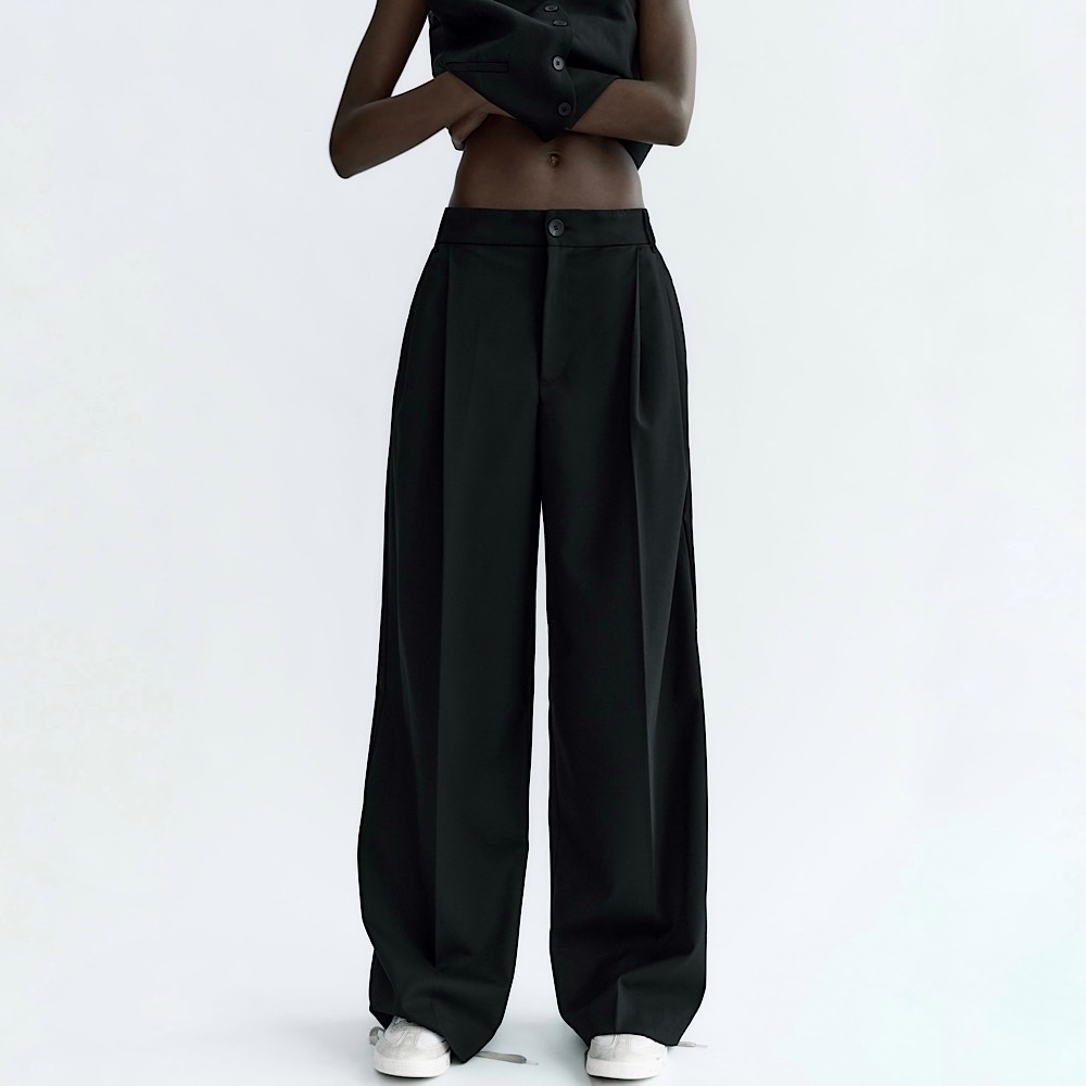 КОСТЮМНЫЕ БРЮКИ ZARA ZARA FULL-LENGTH PLEATED TROUSERS BLACK  / ЧЕРНЫЙ M00453