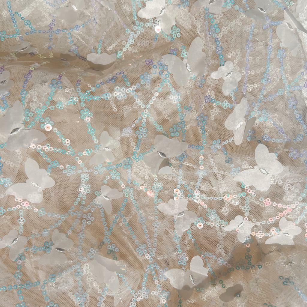 Ткань с пайетками Вышивка на сетке - Кремовые Бабочки