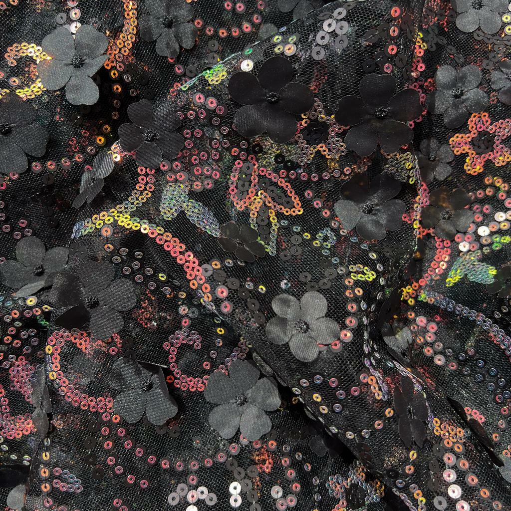 Ткань с пайетками Вышивка на сетке - Черные Цветы