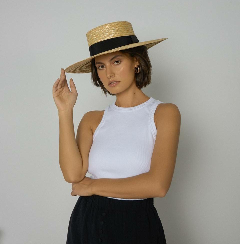 Шляпа канотье соломенное с полями 10 см и черной лентой по тулье