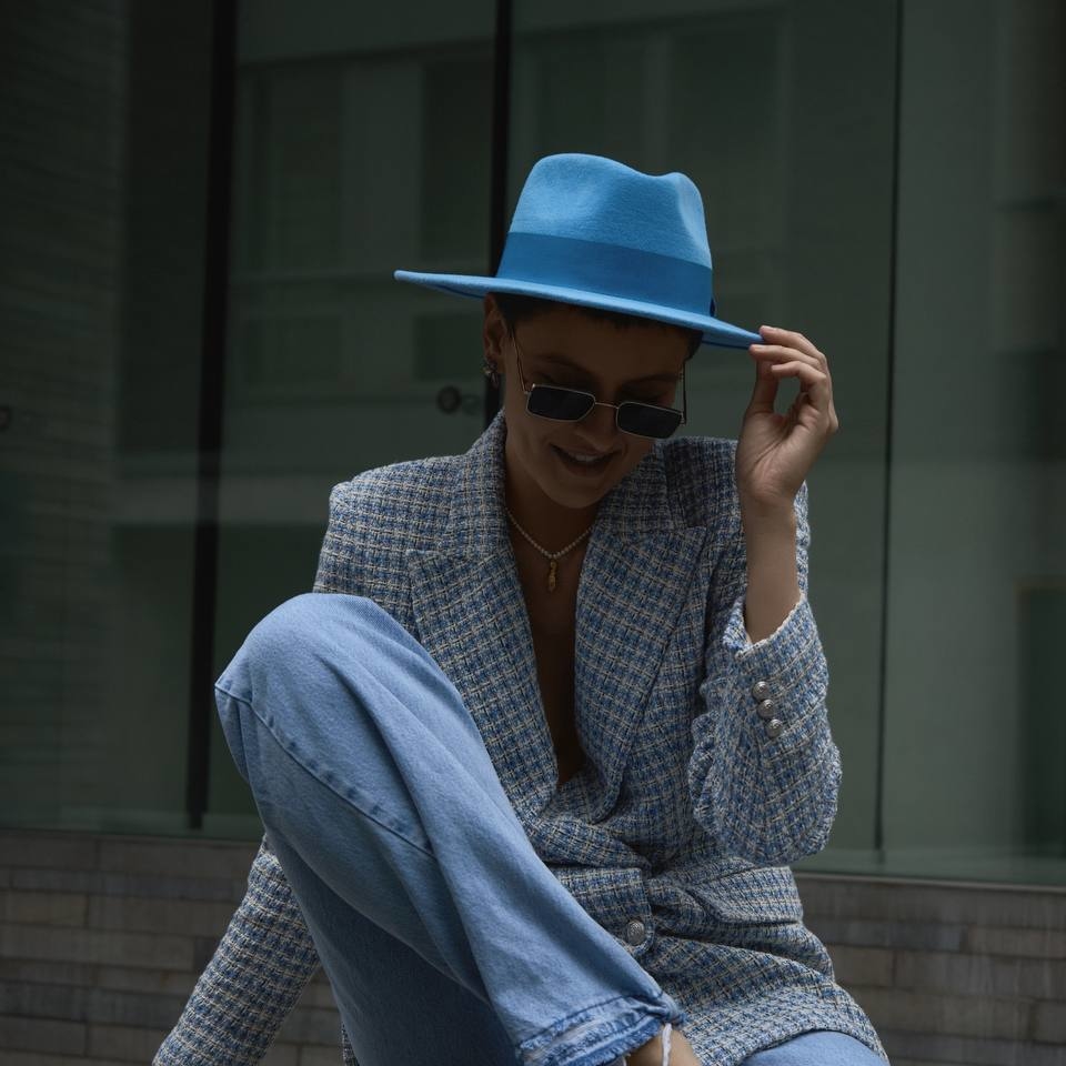 Шляпа федора FF03 широкополая с прямыми полями из велюра/бирюза