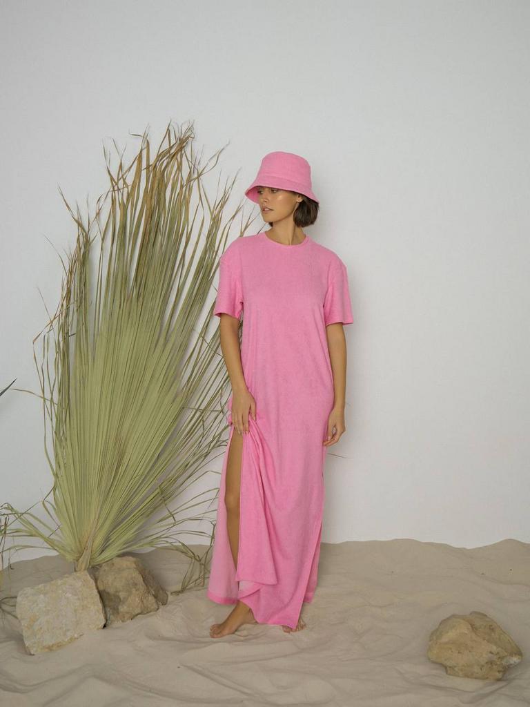 Платье-футболка из махры с поясом/ярко-розовый