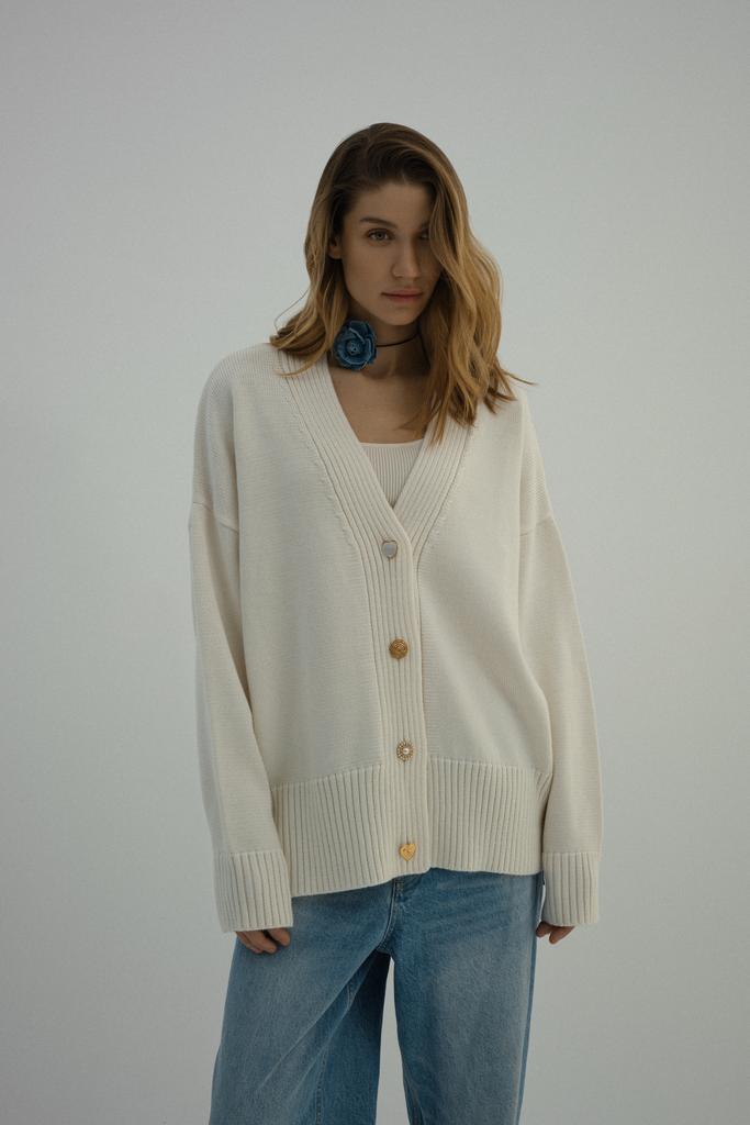 Трикотажный удлинённый кардиган из шерсти/пломбир