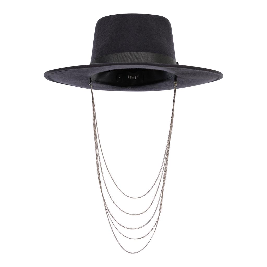 Шляпа федора FF03 широкополая с прямыми полями из фетра с многослойной цепочкой/графит