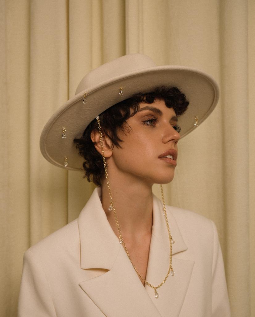 Шляпа федора FF03 из фетра с горным хрусталём RAIN/белый