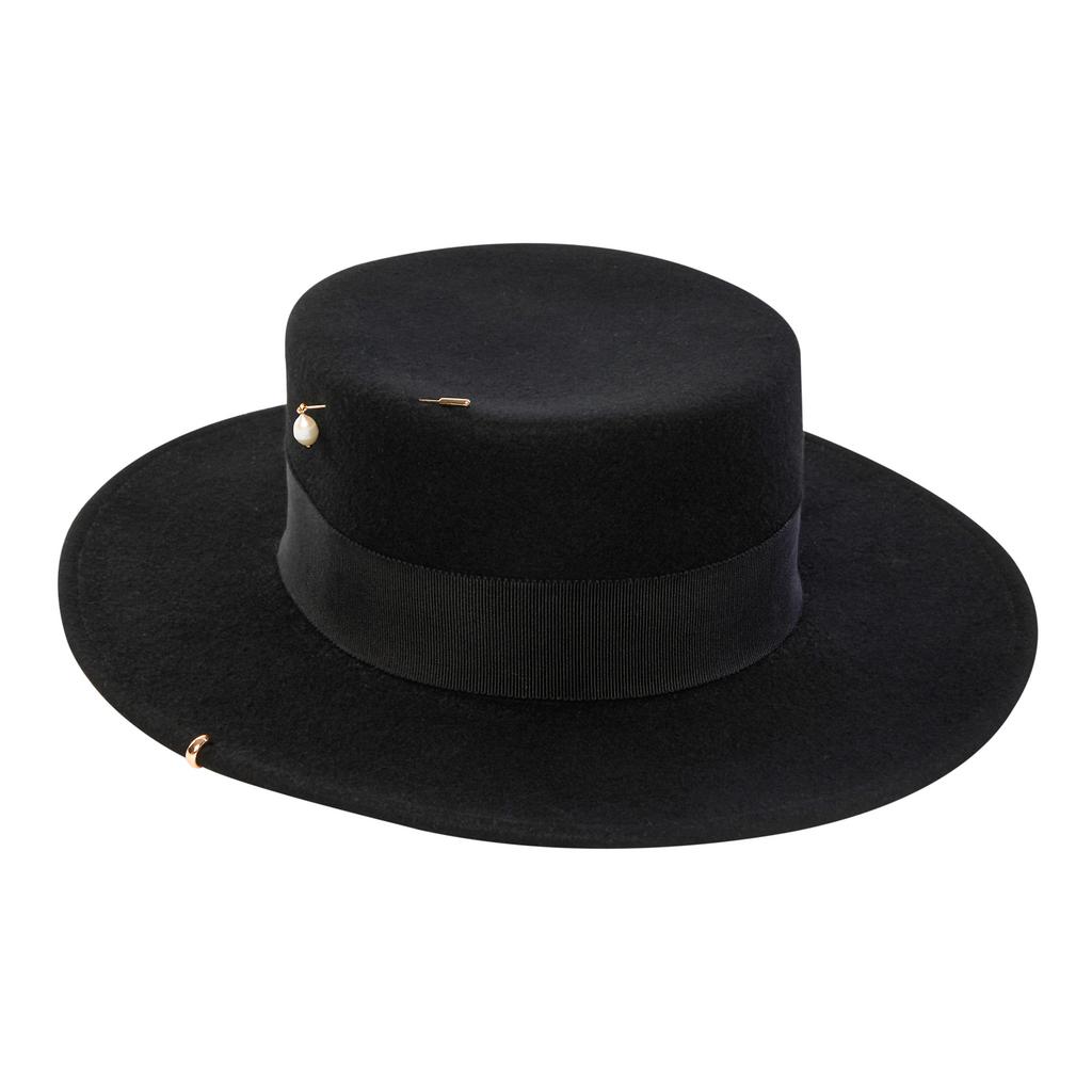 Шляпа канотье из фетра с миниатюрами/черная