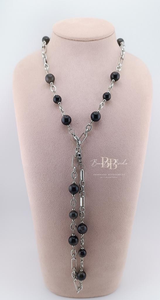 Колье-трансформер и асимметричные серьги с обсидианом