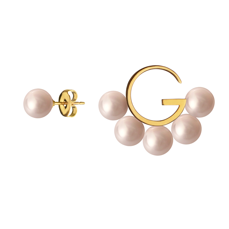 Серьги "G" асимметричные с натуральным  розовым жемчугом