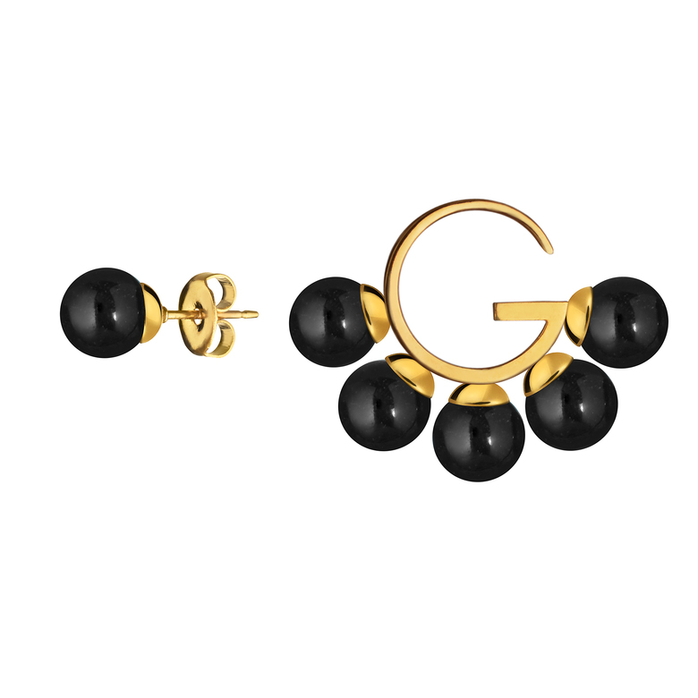 Серьги "G" асимметричные c черным ониксом
