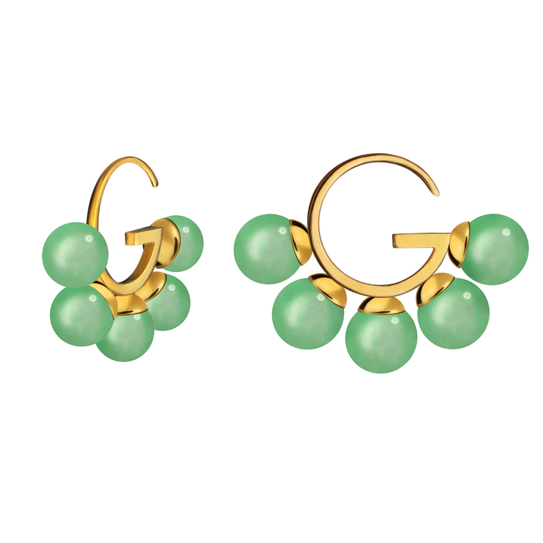 Серьги "G" симметричные с авантюрином, позолота