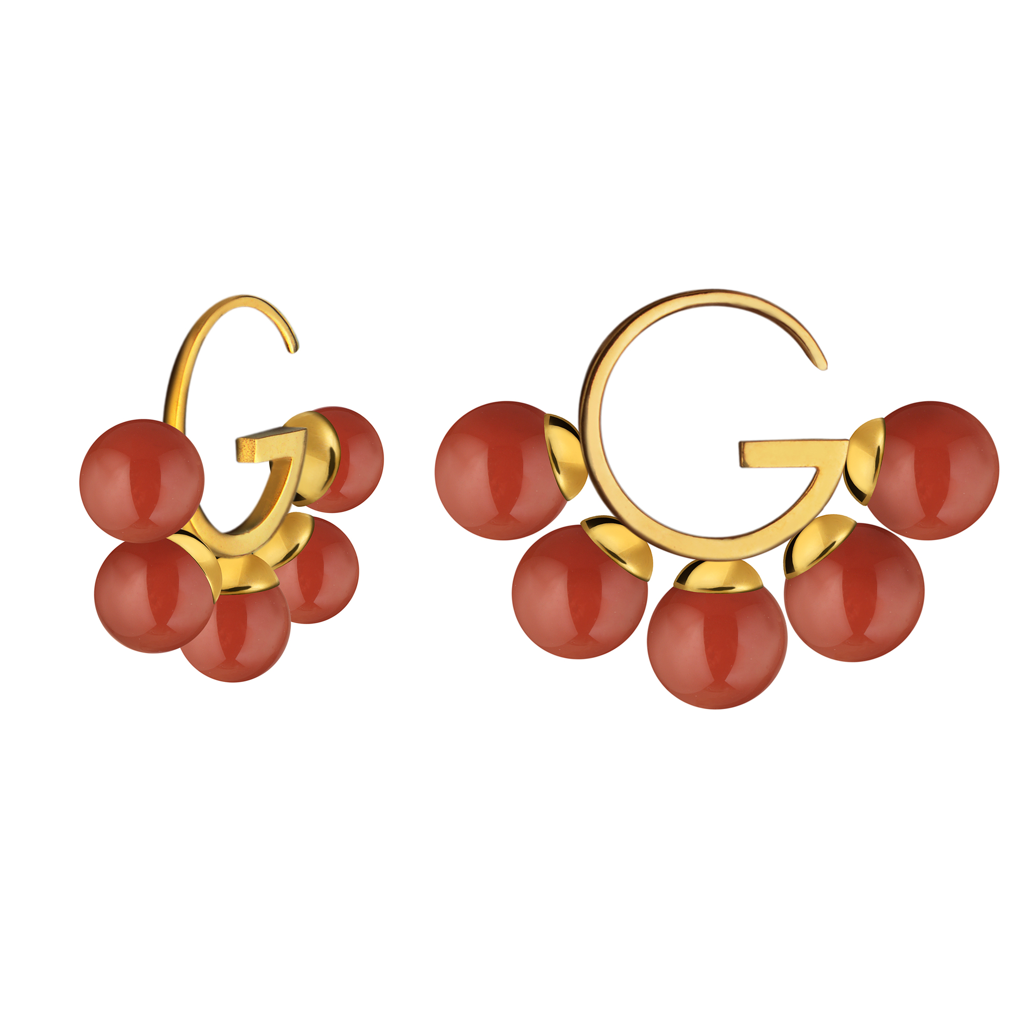 Серьги "G" симметричные с красным сердоликом, позолота