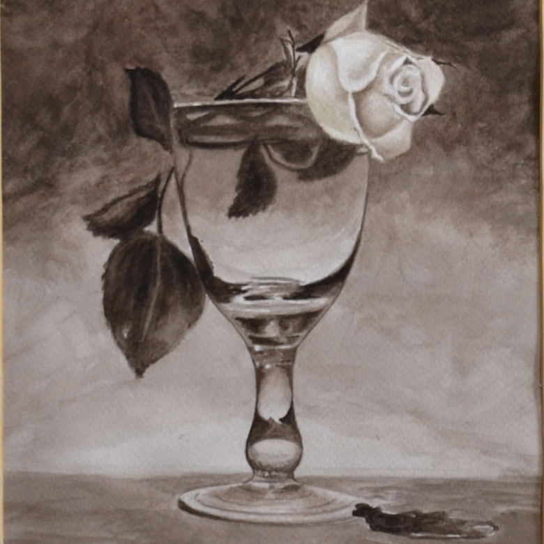 натюрморт гризайль сепия акварель роза на фужере