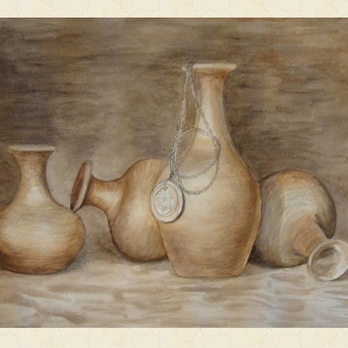 натюрморт гризайль сепия акварель керамические кувшинчики с биркой