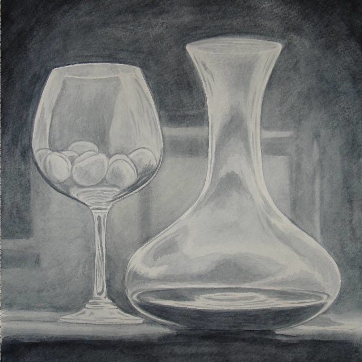 натюрморт гризайль  акварель серая пейна стеклянная пара бокал и графин