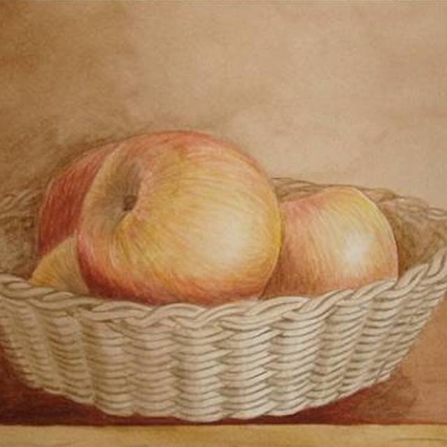 натюрморт акварелью красные яблоки в корзинке лукошке