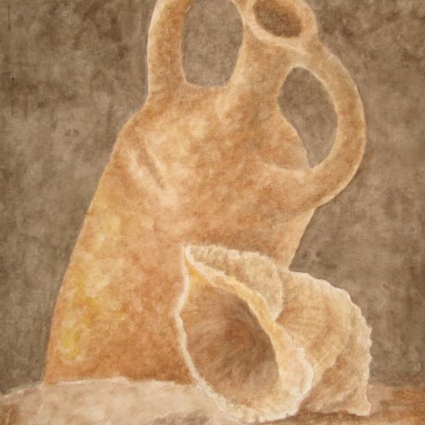 натюрморт гризайль акварель керамический кувшин ракушка