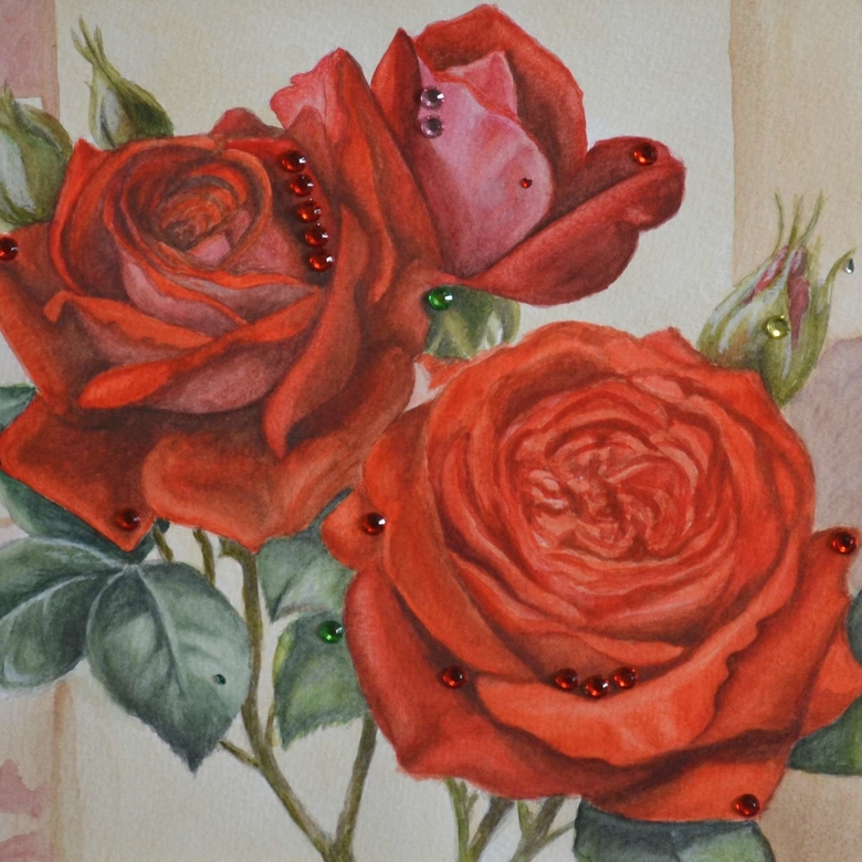 цветы акварель натюрморт три красные розы стразы