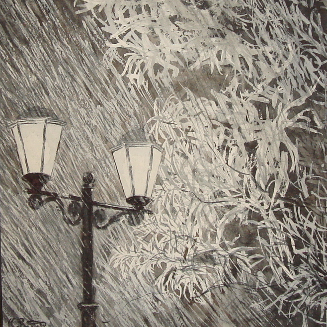 пейзаж акварель Гризайль черное белое фонарь дождь дерево ночь