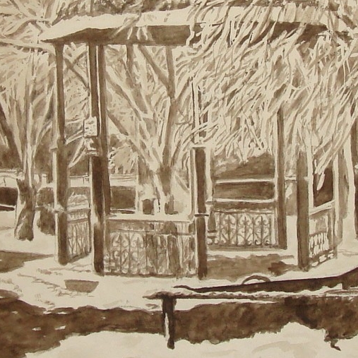 пейзаж акварель Гризайль сепия зимняя беседка снег