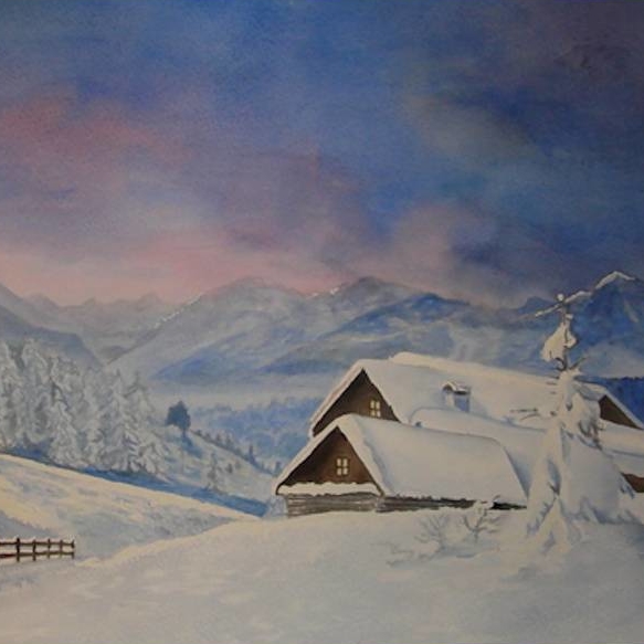 пейзаж акварель зимний домик в горах снег небо ели