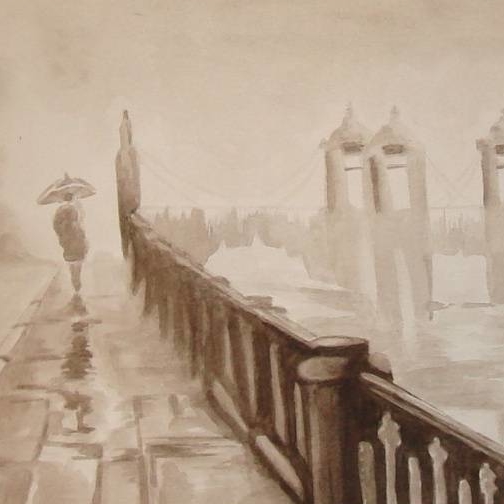 пейзаж акварель Гризайль сепия Питер Ломоносовский мост