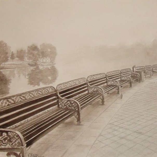 пейзаж акварель Гризайль сепия парк лавочки пруд площадка