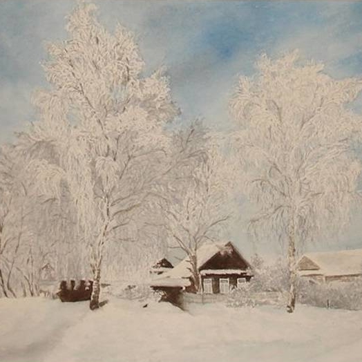 пейзаж акварелью зимняя деревня домики березы сугробы снег