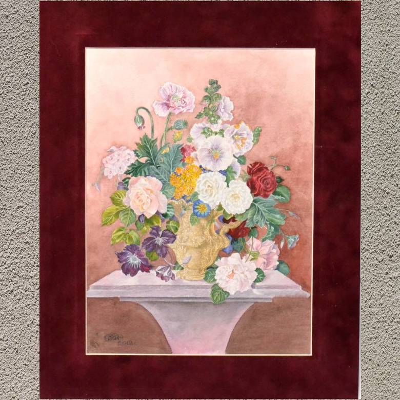 цветы акварель натюрморт разноцветный букет в вазе на столике